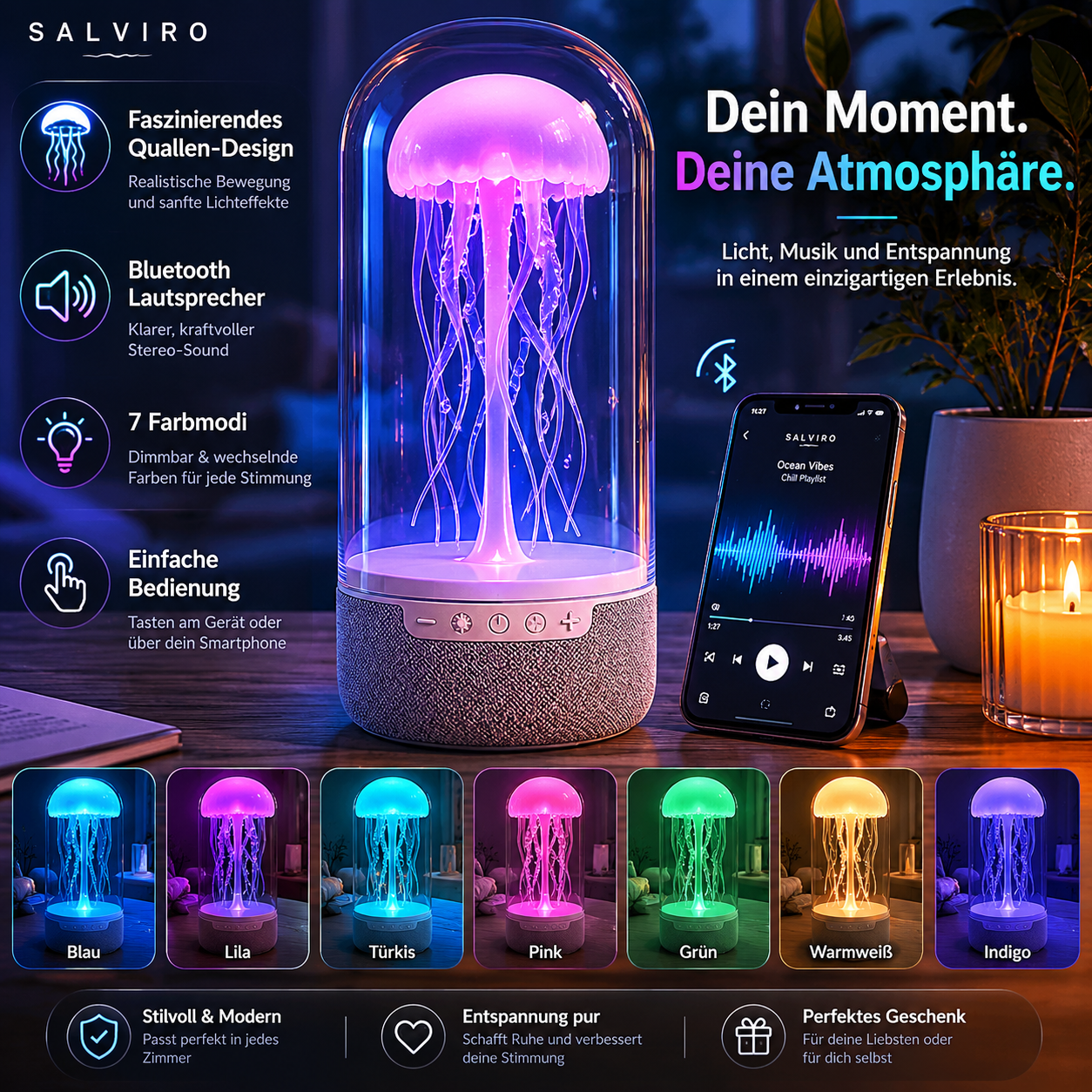 Salviro AquaGlow™ Bluetooth Quallenlampe mit Lautsprecher